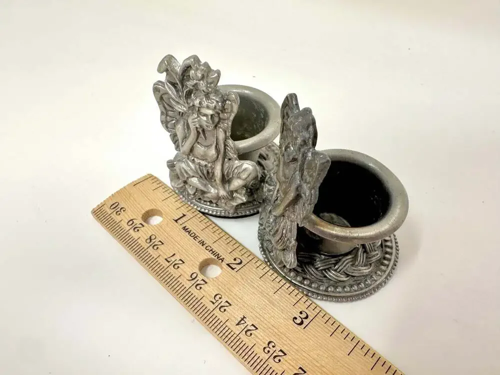 Pixie Fairies of the Woods Cast Pewter Vintage Candle Holders set of 2 fairycore